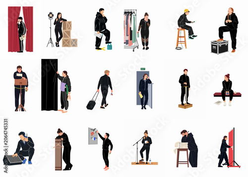 Obraz na płótnie Collection of diverse theater and film crew characters working backstage and on set, including technicians, actors, and stagehands