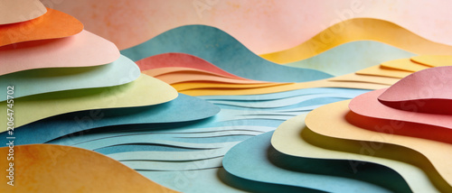 Abstract landscape made of layered colorful paper cutouts creating a serene scene