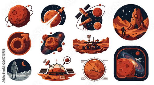Foto Collection of illustrations depicting Mars exploration, including rovers, astronauts, and celestial bodies in space