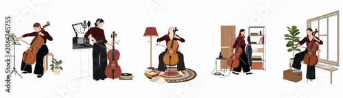 Schilderij op canvas Collection of illustrations featuring a young woman playing the cello in various settings like a recording studio, a living room, and by a window