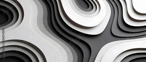 Abstract monochrome paper cutouts create a layered topographic map effect
