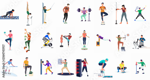 Obraz na płótnie Large collection of flat vector illustrations depicting athletes using high-tech wearable sensors and advanced monitoring equipment for various sports and fitness training