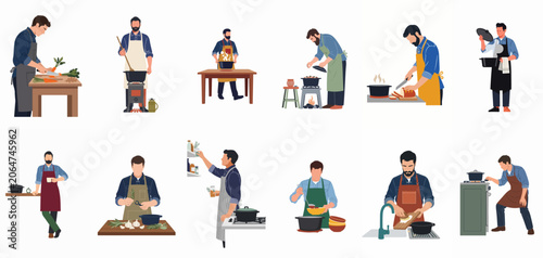 Принти на полотні Collection of flat vector illustrations of various men cooking, chopping vegetables, stirring pots, and preparing food in a kitchen setting