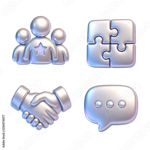 Modern 3D Teamwork and Collaboration Icon Set with Team, Handshake, Puzzle and Chat Bubble