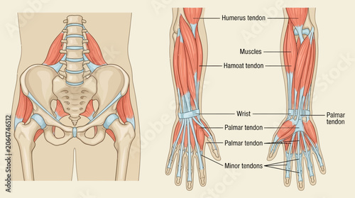 Fotografie Anatomical illustration of the human arm and shoulder muscles with labeled tendons and bones in a detailed medical diagram