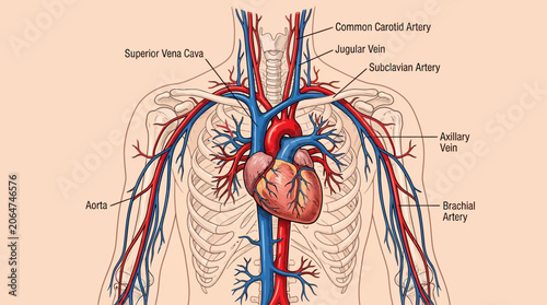 Photos Detailed anatomical illustration of the human heart and major blood vessels with labeled arteries and veins on a peach background