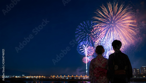 夏の夜空を彩る花火大会と浴衣姿のカップルの後ろ姿