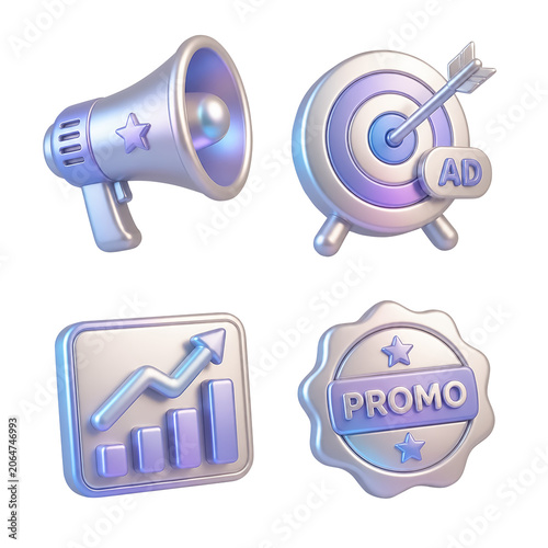 Modern 3D Digital Marketing and Advertising Icon Set with Megaphone, Target, Growth Chart and Promotion Badge
