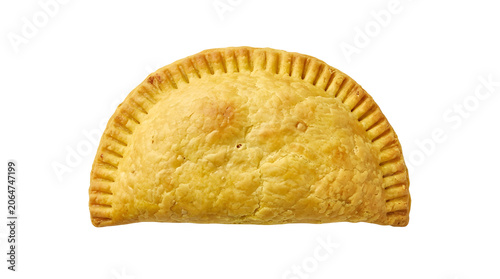 Traditional Jamaican beef patty with flaky golden crust isolated on a solid white  background