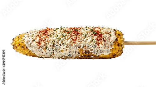 Traditional Mexican Elote grilled corn on the cob with cotija cheese and chili isolated on white background
