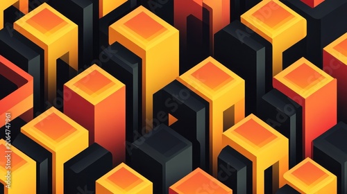 Abstract geometric pattern of towering blocks in vibrant orange and yellow hues, interspersed with dark blocks