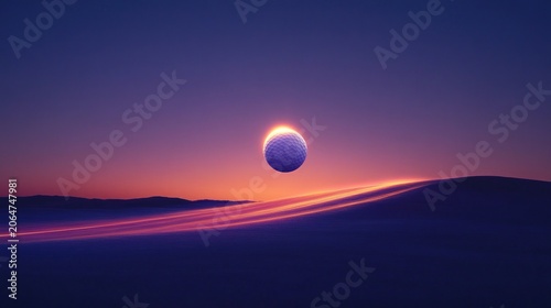 Floating orb over a serene, sunrise-tinged landscape