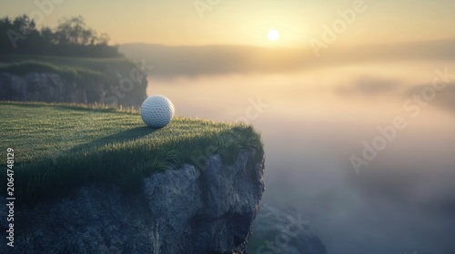 Golf ball on cliff overlooking misty sunrise. Lush green fairway, craggy rock face, tranquil morning light