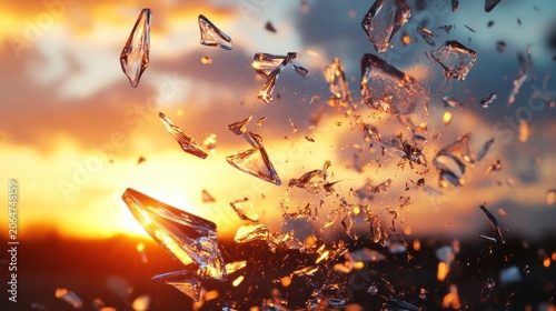 Shattered glass shards explode against a vibrant sunset