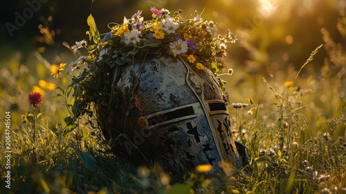 Ancient warrior's helmet adorned with wildflowers