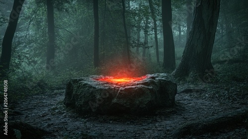 Mystic, glowing stone circle in a dark forest