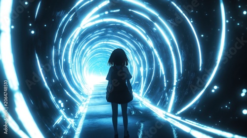 Girl walks into glowing neon tunnel