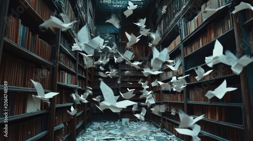 Flying paper birds in a library