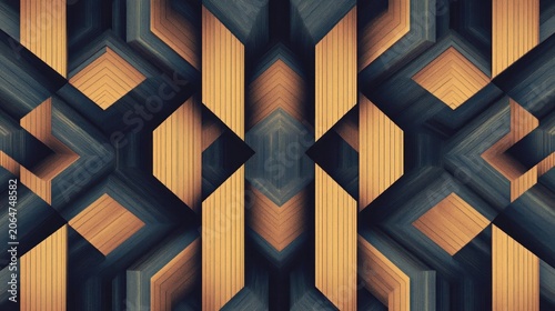 Intricate geometric pattern, layered shapes in warm and cool tones