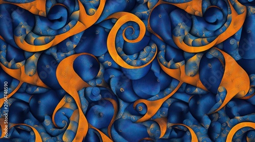 Abstract swirling pattern of vibrant orange and deep blue, with intricate details.  Intricate, textured, flowing forms create a dynamic visual