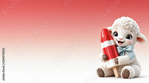 Cute Baby Lamb Wearing a Bow and Holding a Red and White Popsicle Background with Room for Text