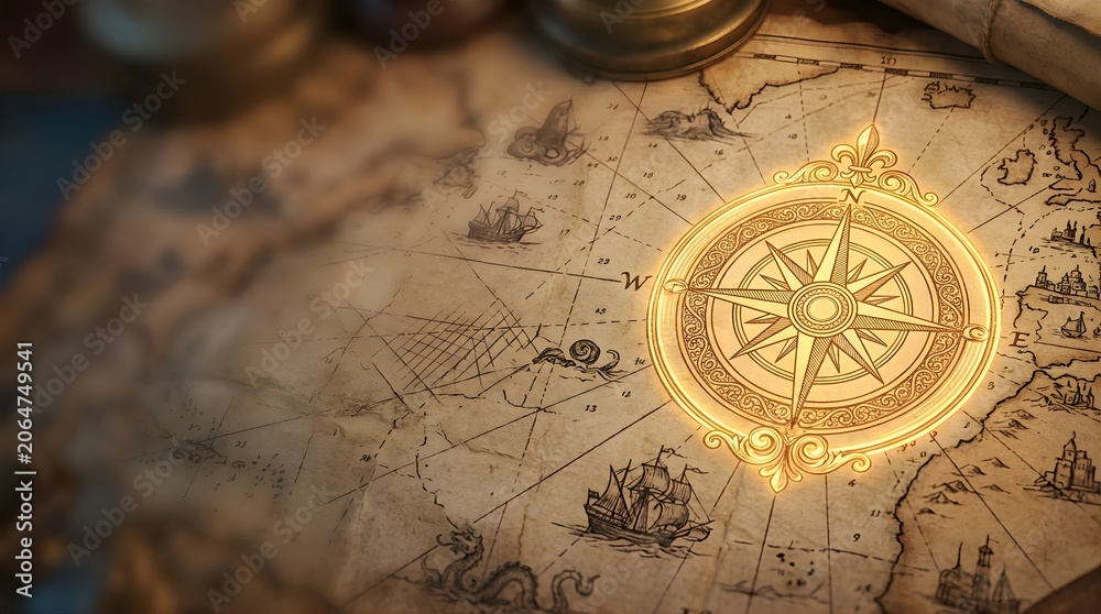 Fototapeta premium Glowing vintage nautical compass on an old world treasure map background