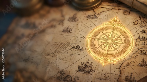 Glowing vintage nautical compass on an old world treasure map background