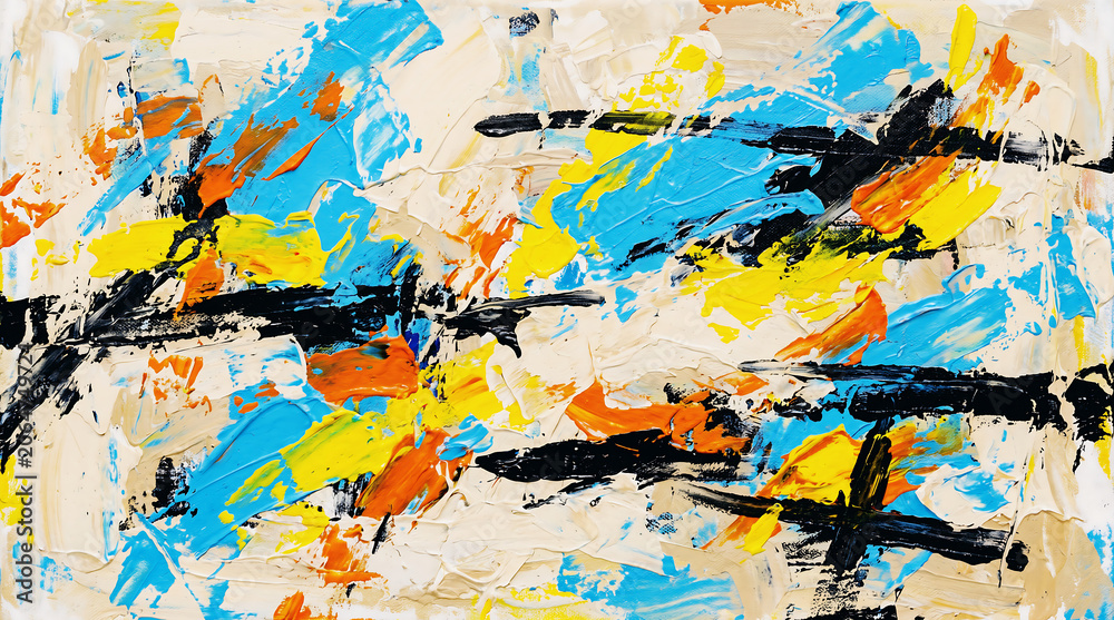 Naklejka premium Dynamic modern abstract painting with vibrant blue orange and yellow brushstrokes on textured canvas
