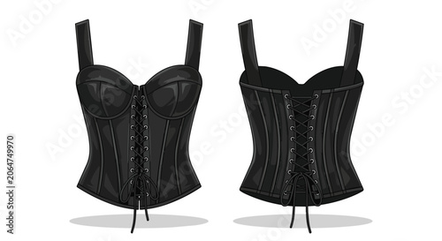 High Quality Black Leather Corset with Intricate Lacing Details Front and Back Views for Fashion Apparel