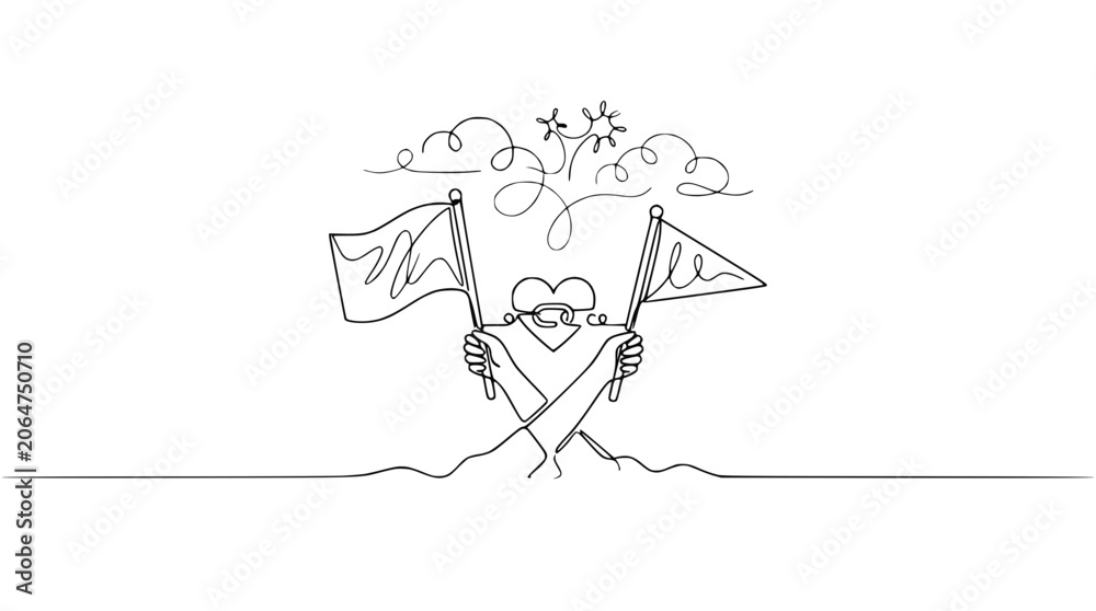 Fototapeta premium Two hands holding flags with heart symbol and abstract shapes above, continuous line art