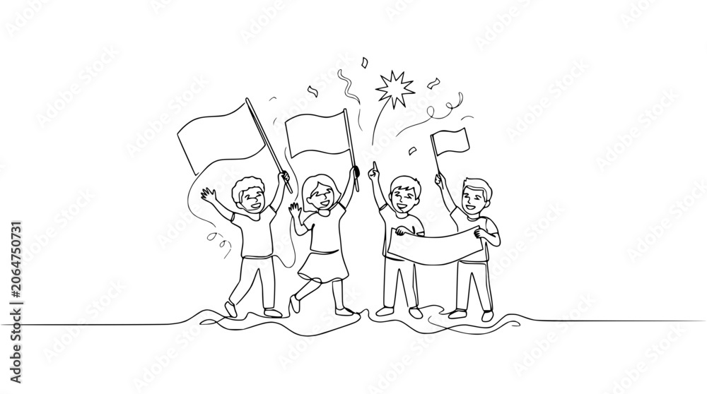 Fototapeta premium Joyful Children Celebrating with Flags and Confetti - Line Art Illustration