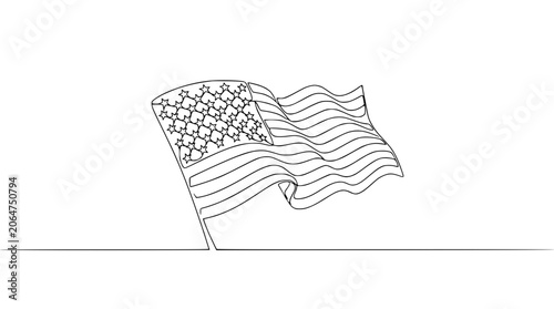 American flag continuous line drawing, waving in wind, minimalist, white background