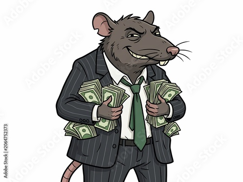 Cartoon illustration of a corrupt business rat holding stacks of money.