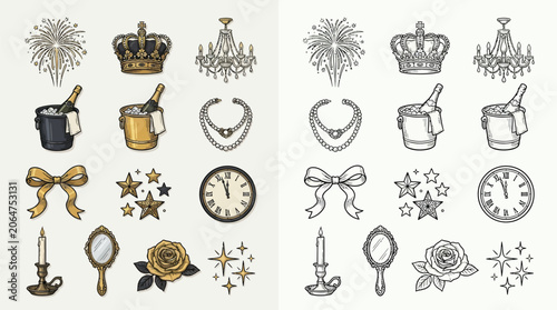 Fotografie Collection of celebratory icons including crowns, champagne, fireworks, and clocks, presented in both color and outline versions
