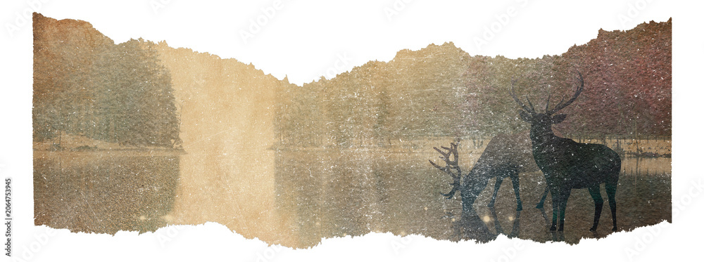 Naklejka premium PNG Rustic deer silhouettes beside a shimmering waterfall landscape, transparent background