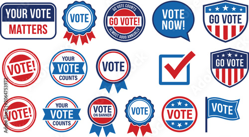 Patriotic voting badge collection featuring election campaign stickers, vote now labels, democracy symbols and civic participation graphics