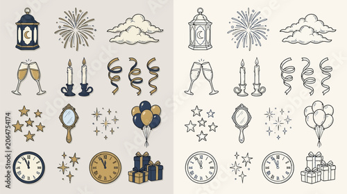 Photography Collection of New Year's Eve celebration icons and symbols in a hand-drawn style