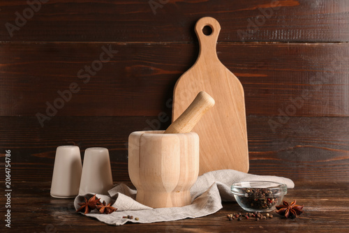 Wooden mortar and pestle wi...