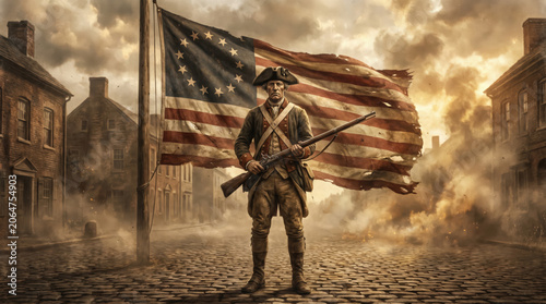 Soldier stands with rifle in front of waving American flag on historic street during conflict