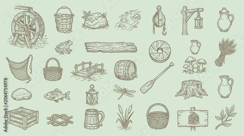 Fotografija Collection of vintage hand-drawn illustrations of rustic objects and nature elements
