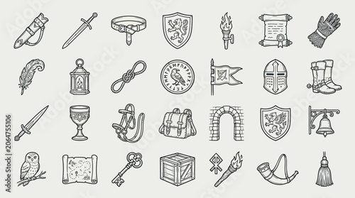 Collection of medieval fantasy game icons and symbols, including weapons, armor, and treasure.