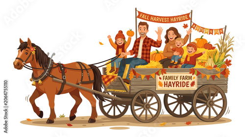 Happy Family Enjoying a Horse Drawn Hayride During Autumn Harvest Season
