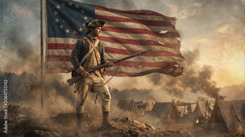 Soldier stands with rifle in front of American flag during historical scene in a campsite
