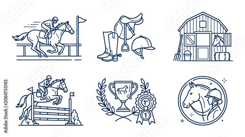 Картината върху платно Equestrian Sports Icons: Horse Riding, Jumping, Stable, Trophy, Gear