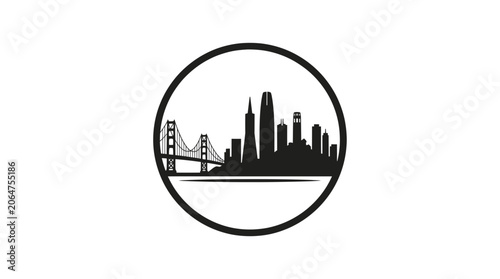 San Francisco Skyline Silhouette with Golden Gate Bridge in Circle
