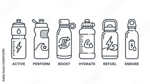 Картината върху платно Set of stylized water bottles with motivational words for fitness and hydration