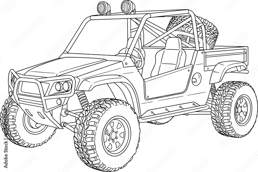 Fototapeta premium Black outline illustration of a rugged off-road tire showing deep tread.