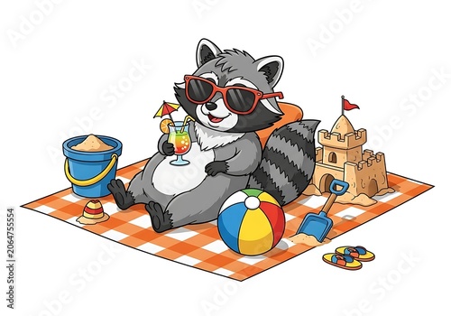 Cartoon raccoon building sandcastle at beach with toys