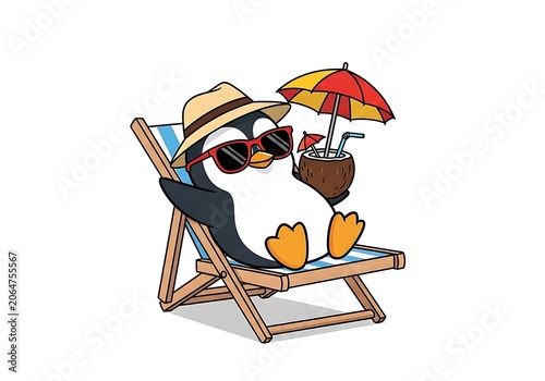 Cartoon sloth relaxing on a beach chair under colorful umbrella
