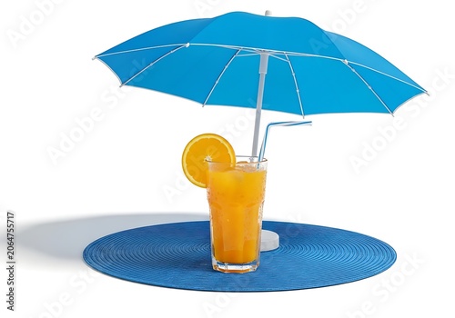 Cold drink with orange juice under blue beach umbrella on table